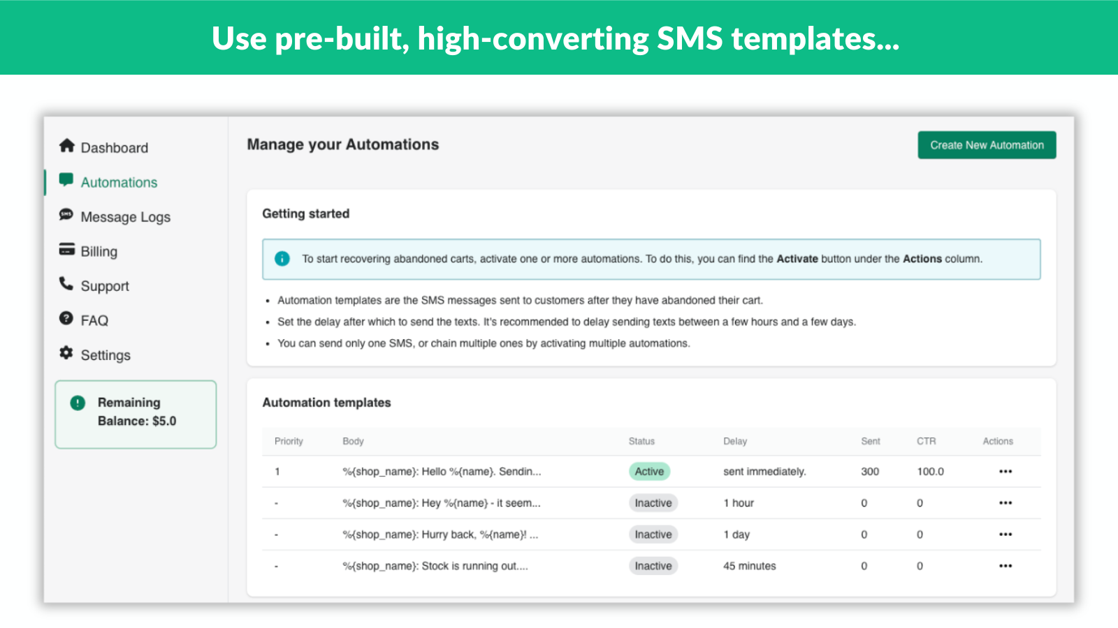 Page de modèles d'automatisation SMS Retrevo