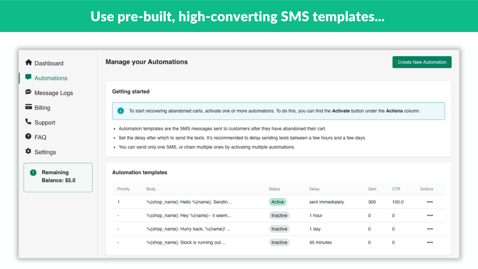 Página de plantillas de automatización de SMS de Retrevo