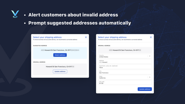 Alert customer about invalid address, prompt suggested addresses