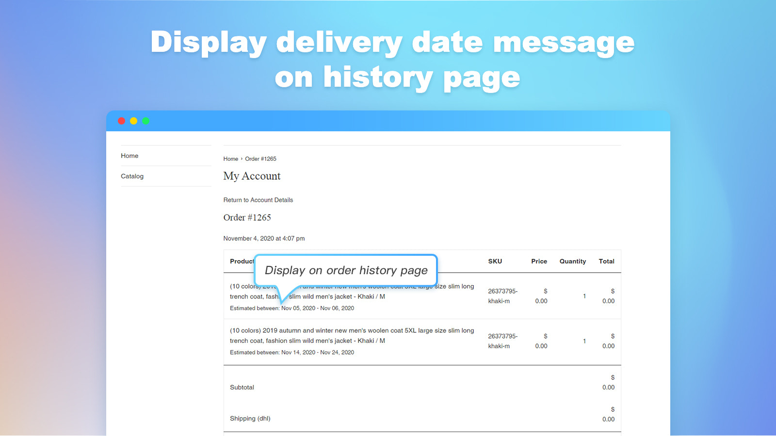 Display estimated delivery time or cutdown timer in other pages
