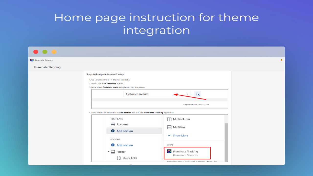 Tela de configurações para instalar trecho de código