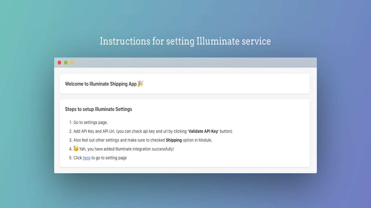 Instrução de tela de configurações para configurações do Illuminate