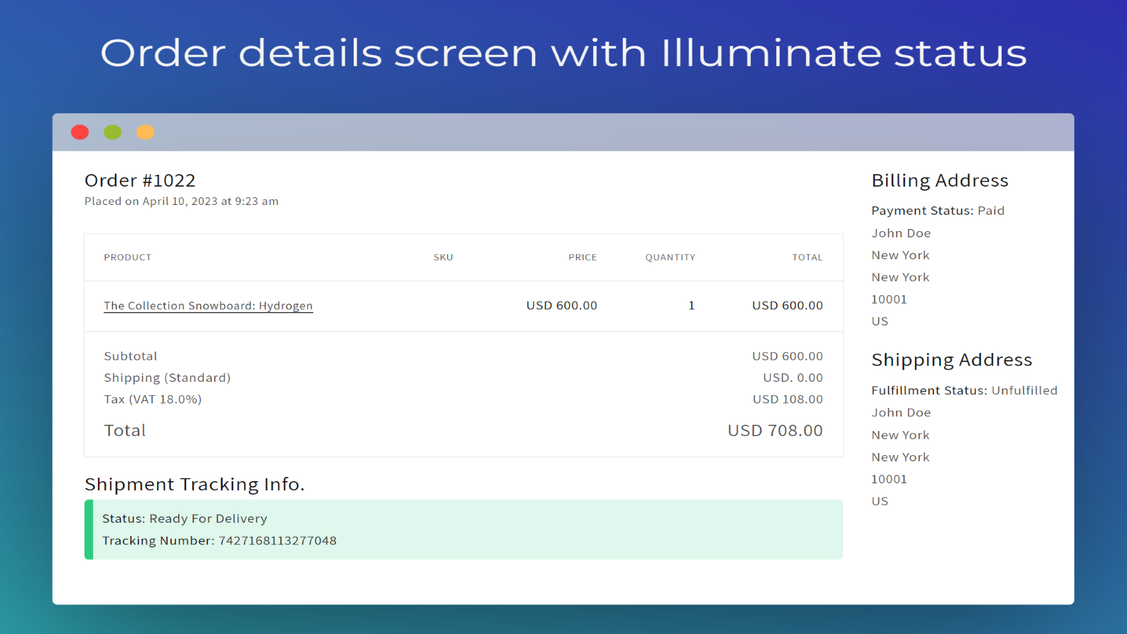 Bestel Detail scherm met Illuminate status
