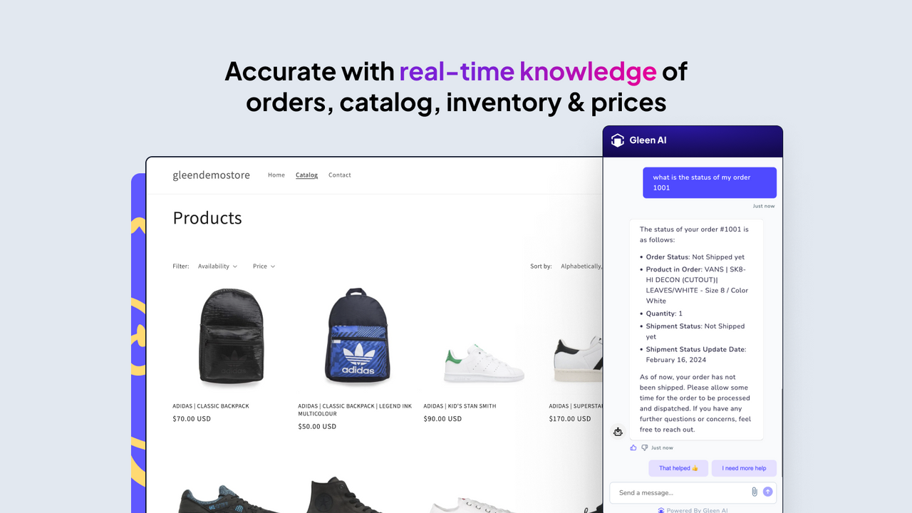 Gleen AI a une connaissance en temps réel des commandes, du catalogue, des prix