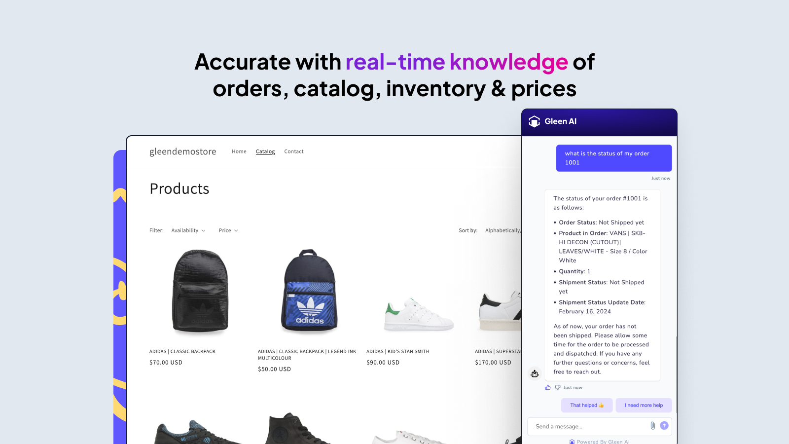 Gleen AI has real-time knowledge of orders, catalog, Prices