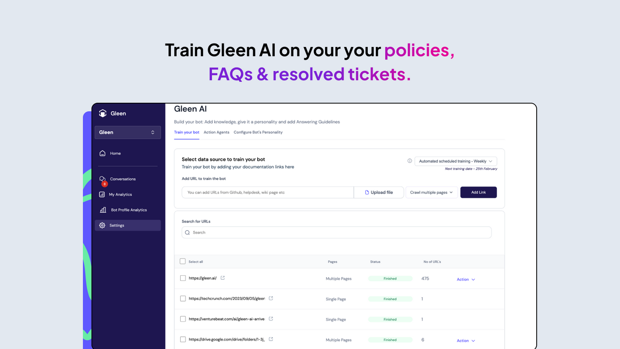 Gleen AI aprende com o site, FAQs, Políticas e tickets resolvidos