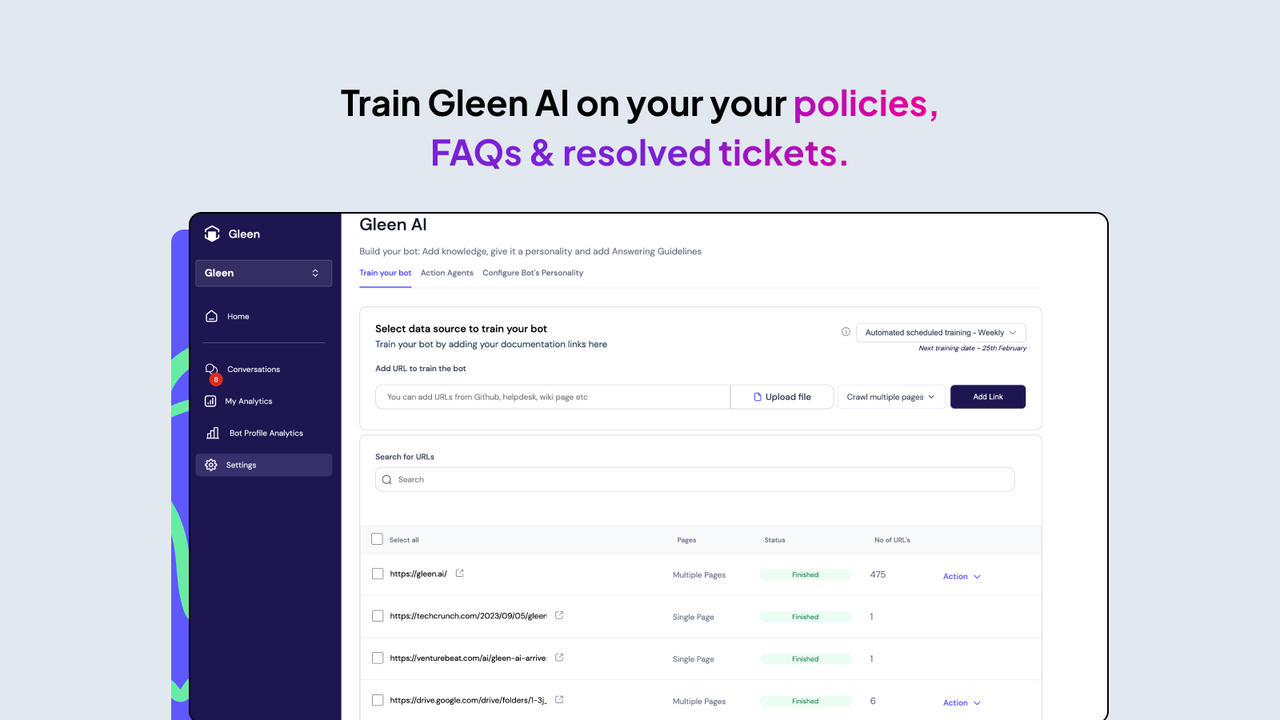 Gleen AI lærer fra hjemmeside, FAQs, politikker, & løste billetter