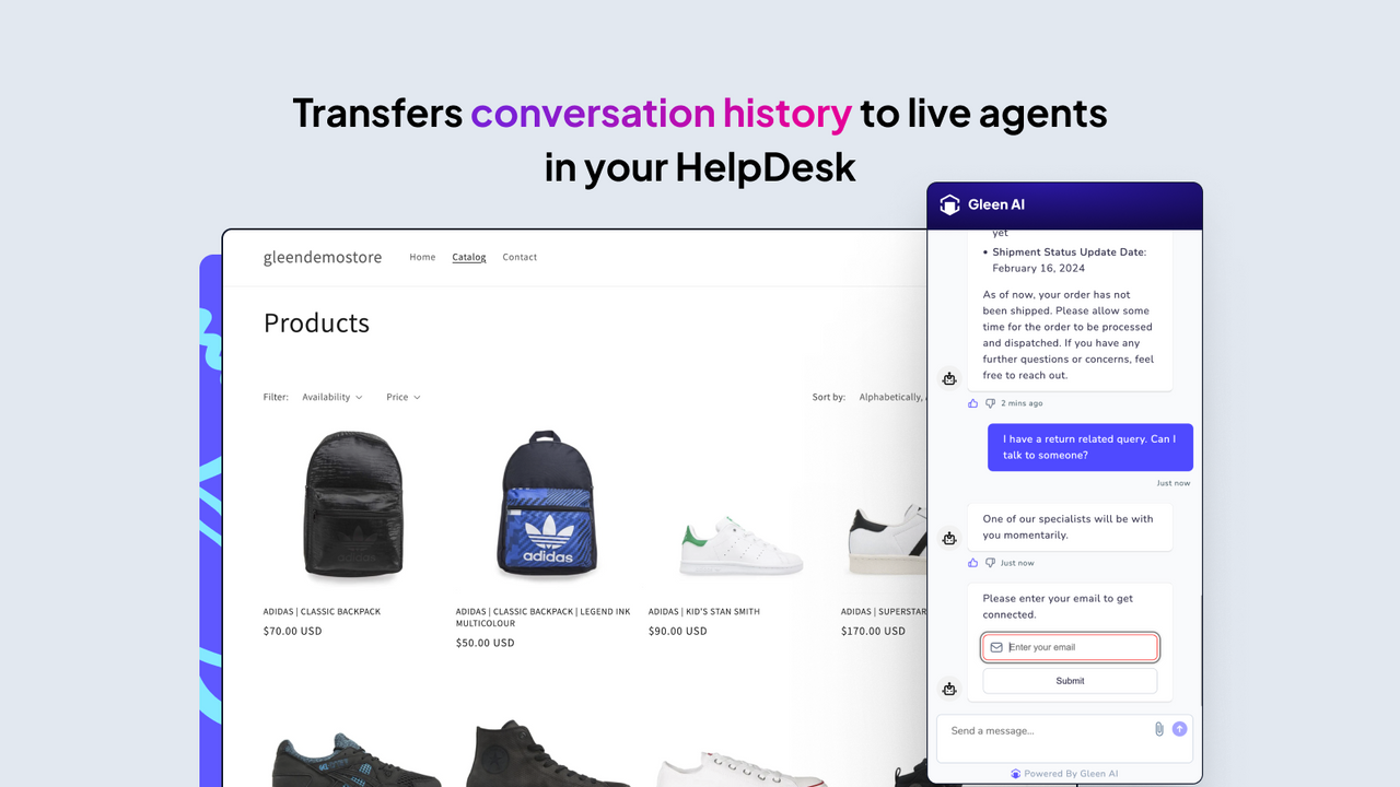 Gleen AI trabaja en sincronía con tus agentes humanos y tu helpdesk