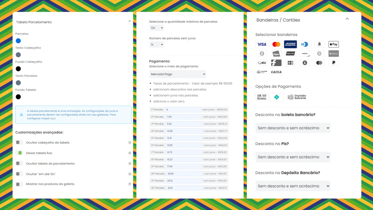 Configure a quantidade de parcelas, descontos e juros