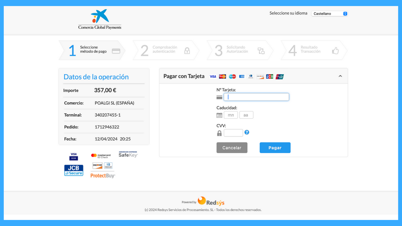 Vista de la página de pago de RedSys en PC