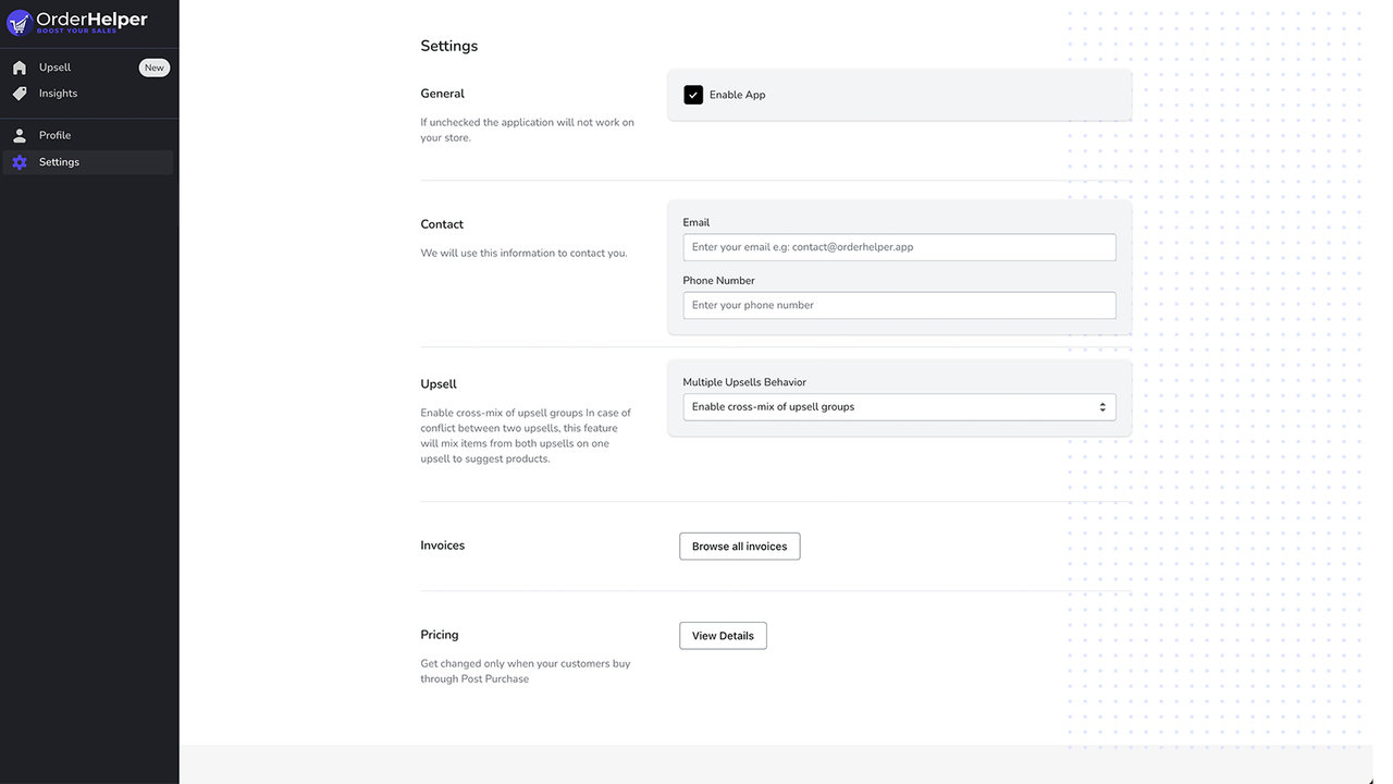 Página de Configuración - Order Helper Ventas Cruzadas