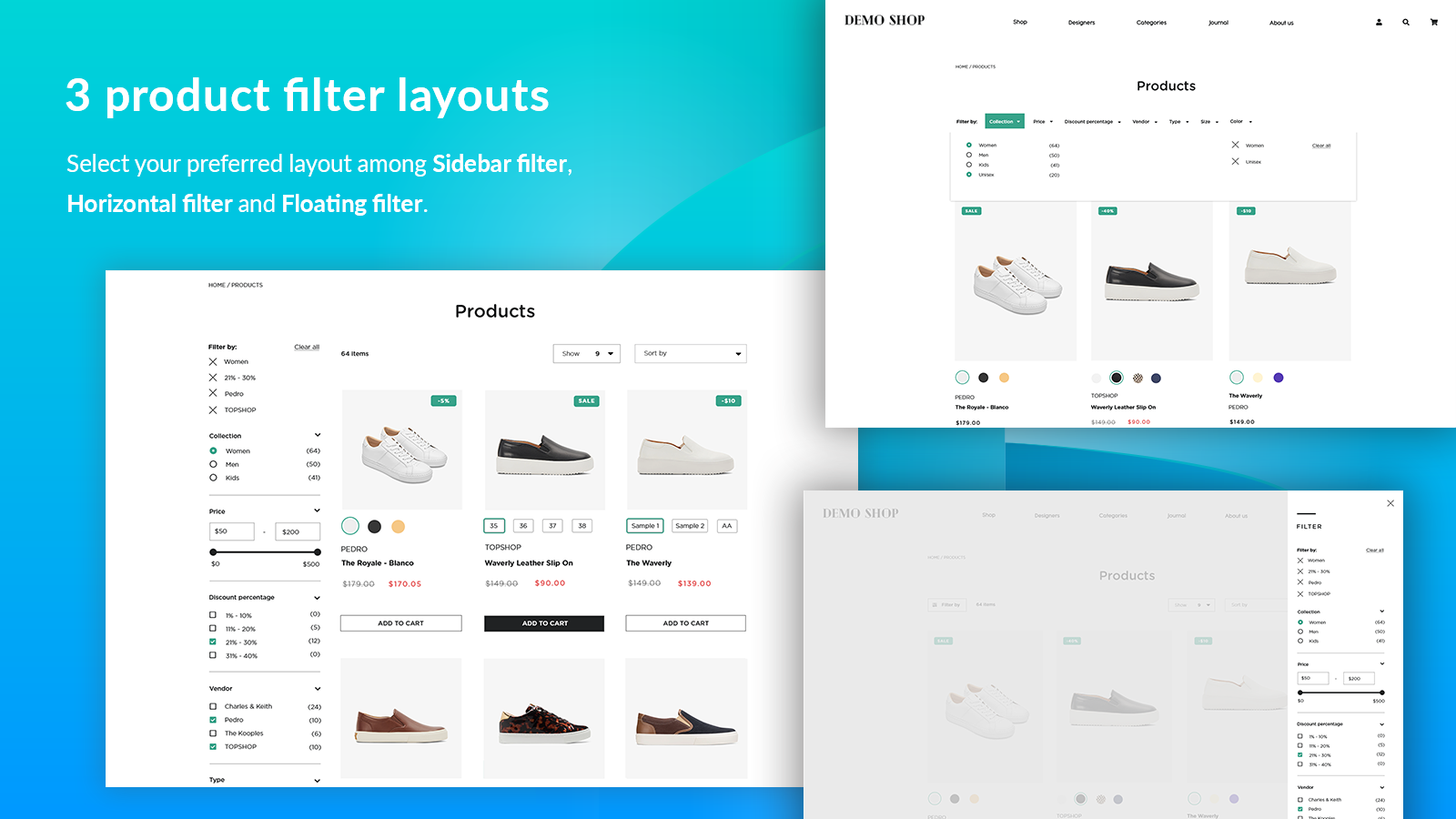 3 product filter layouts