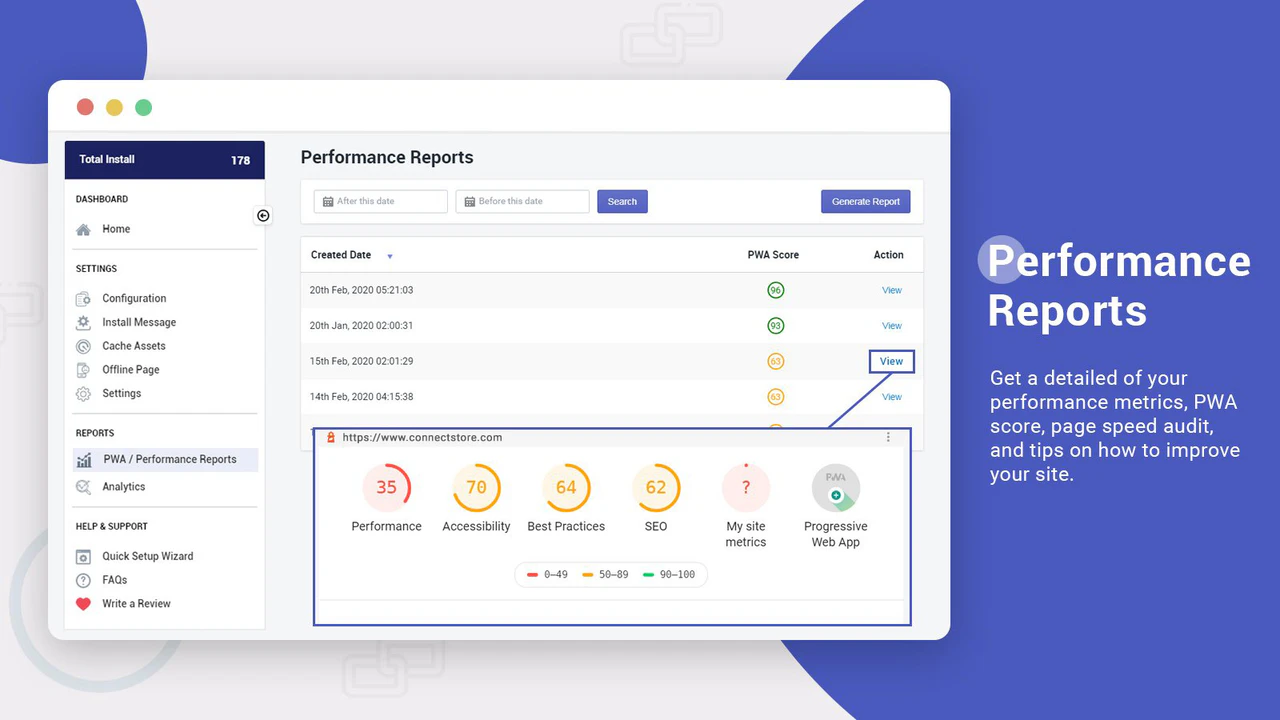 detailed speed report for performance, audit tips, etc.