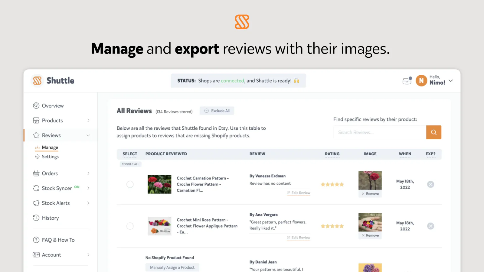 Manage and export reviews with their images.