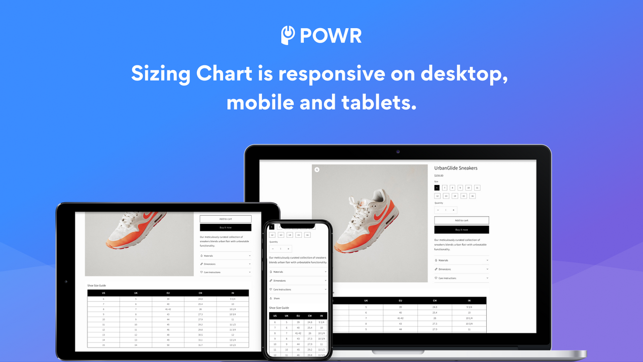 La tabla de tallas es responsive en todos los dispositivos conectados