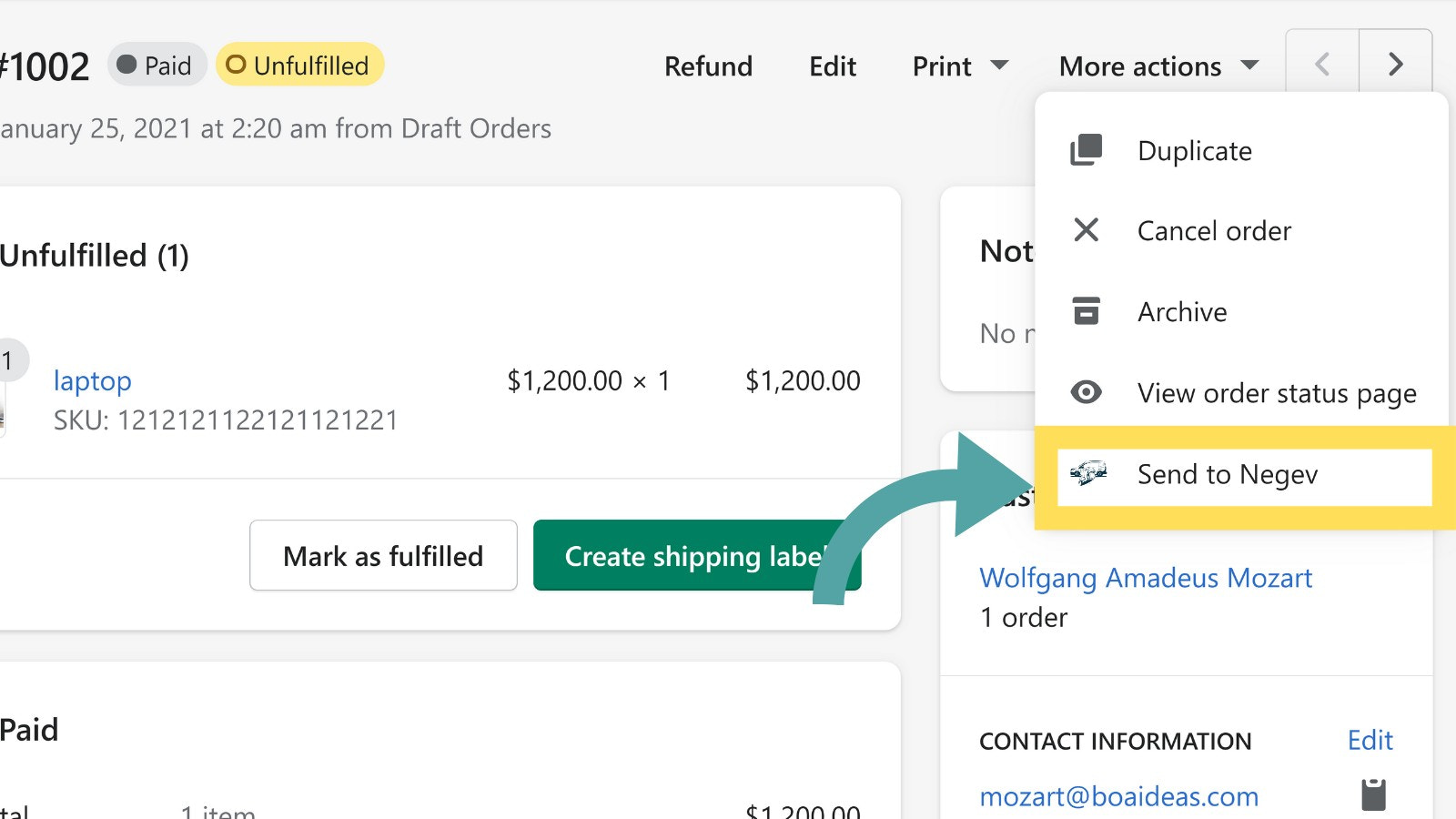Generate your Negev shipments directly from the order view