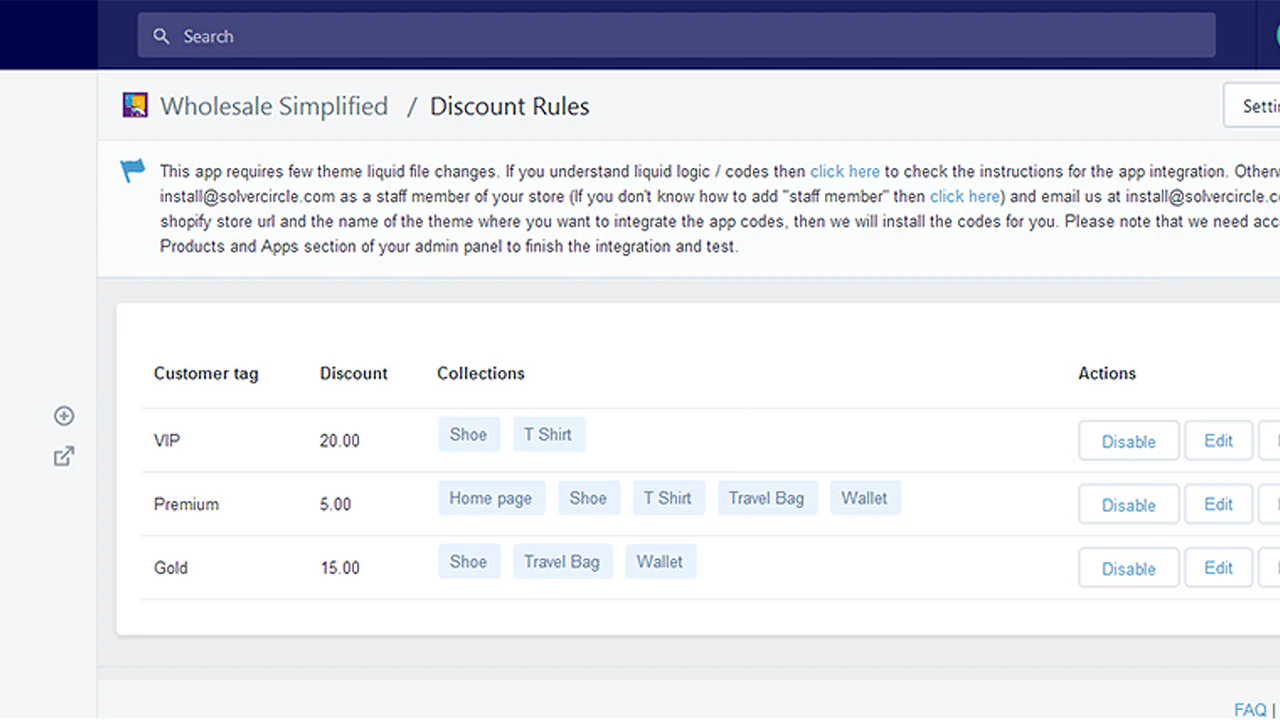 List of wholesale discount rules in app backend