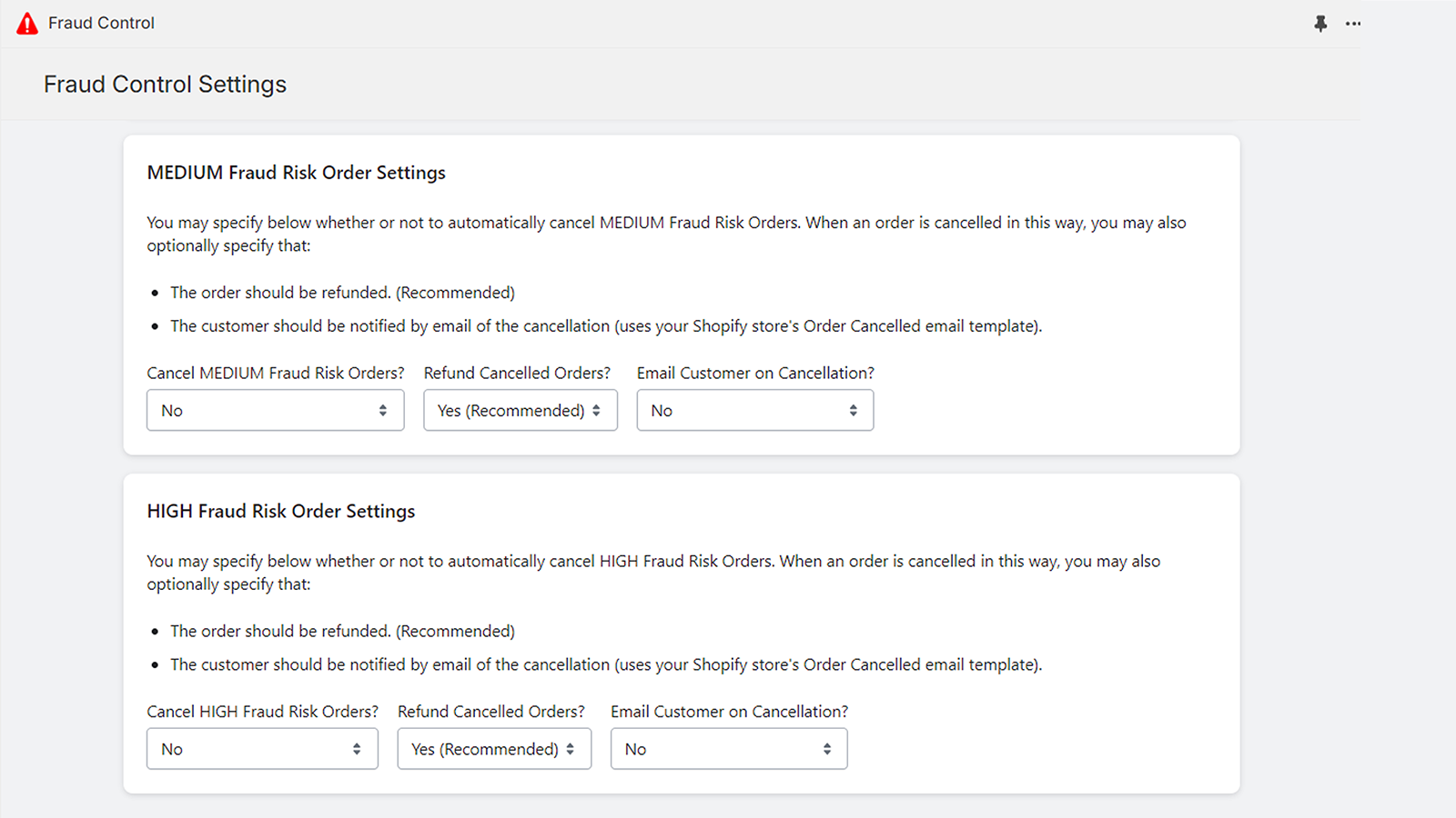 Fraud Control - Configuraciones de Pedido de Alerta de Fraude MEDIO y ALTO