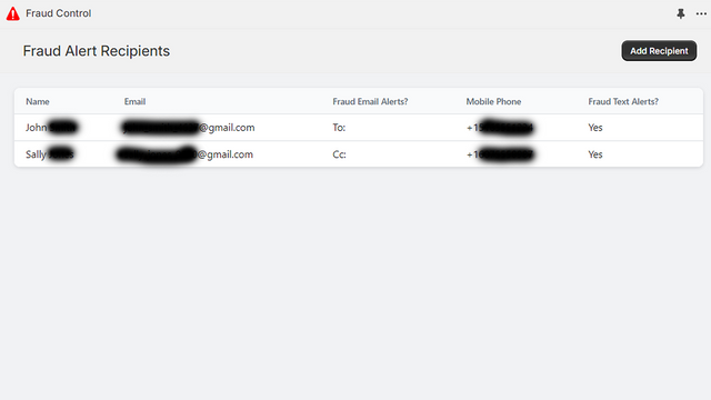 Fraud Control - Fraud Alert Recipients Management