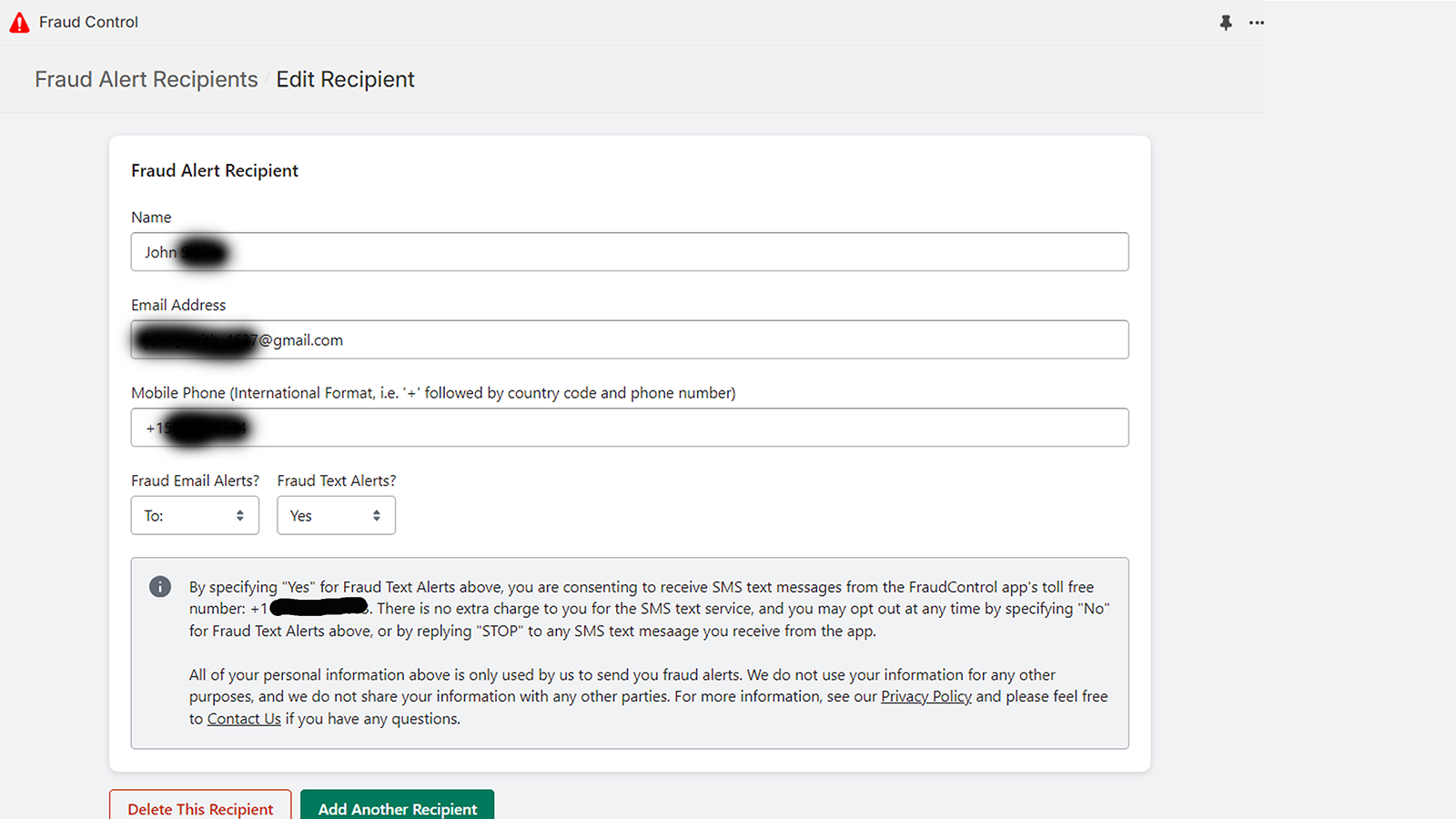 Fraud Control - Fraud Alert Recipient Settings
