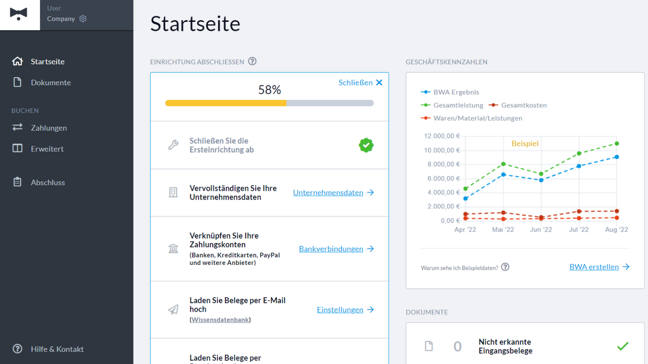 Startseite der Buchhaltungssoftware