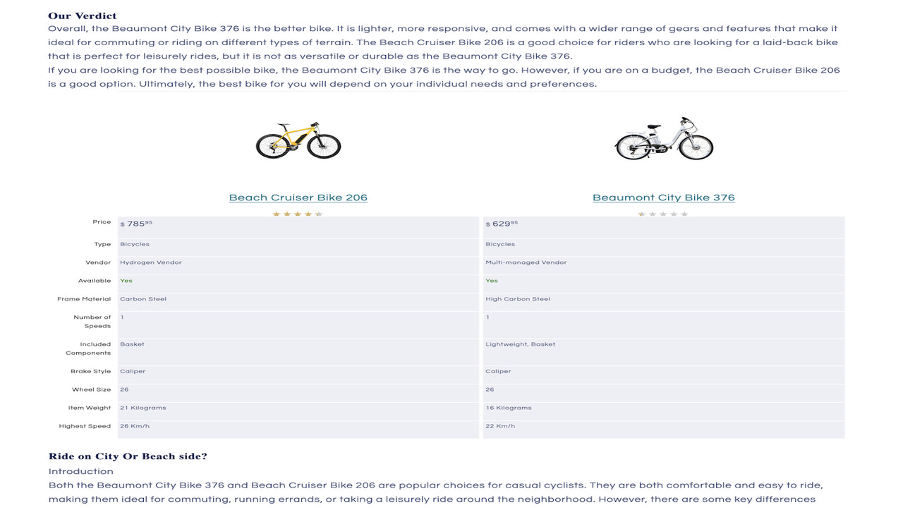 Comparison page with compare verdict and full comparison