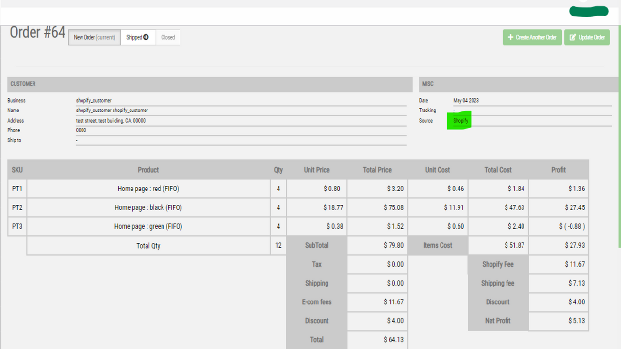 Order cost and profit from Shopify