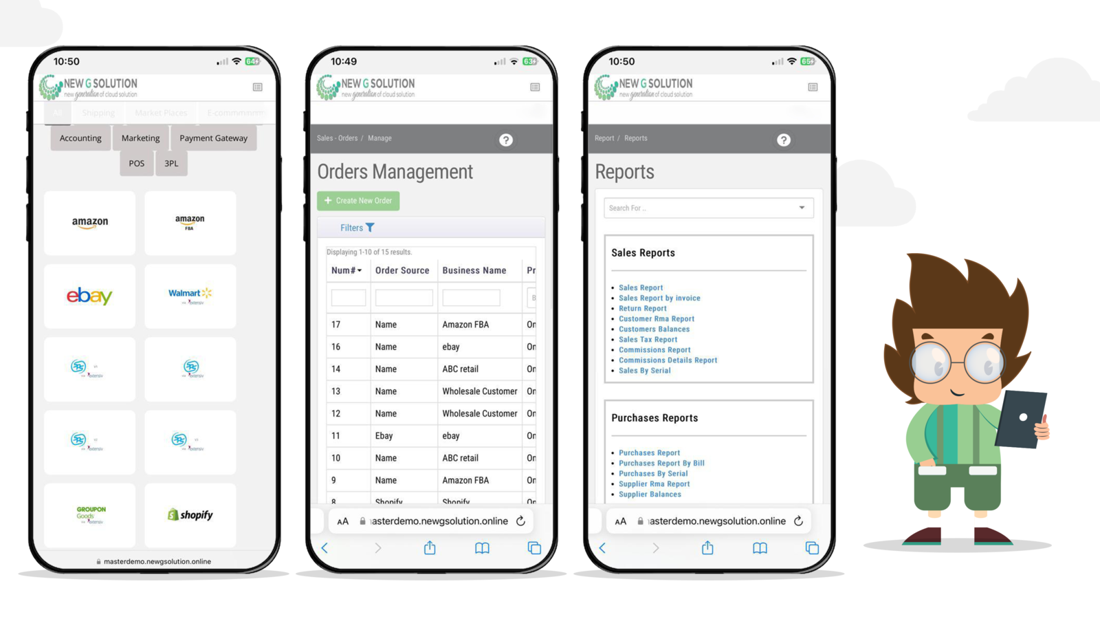 Reports, integrations, orders from mobile view