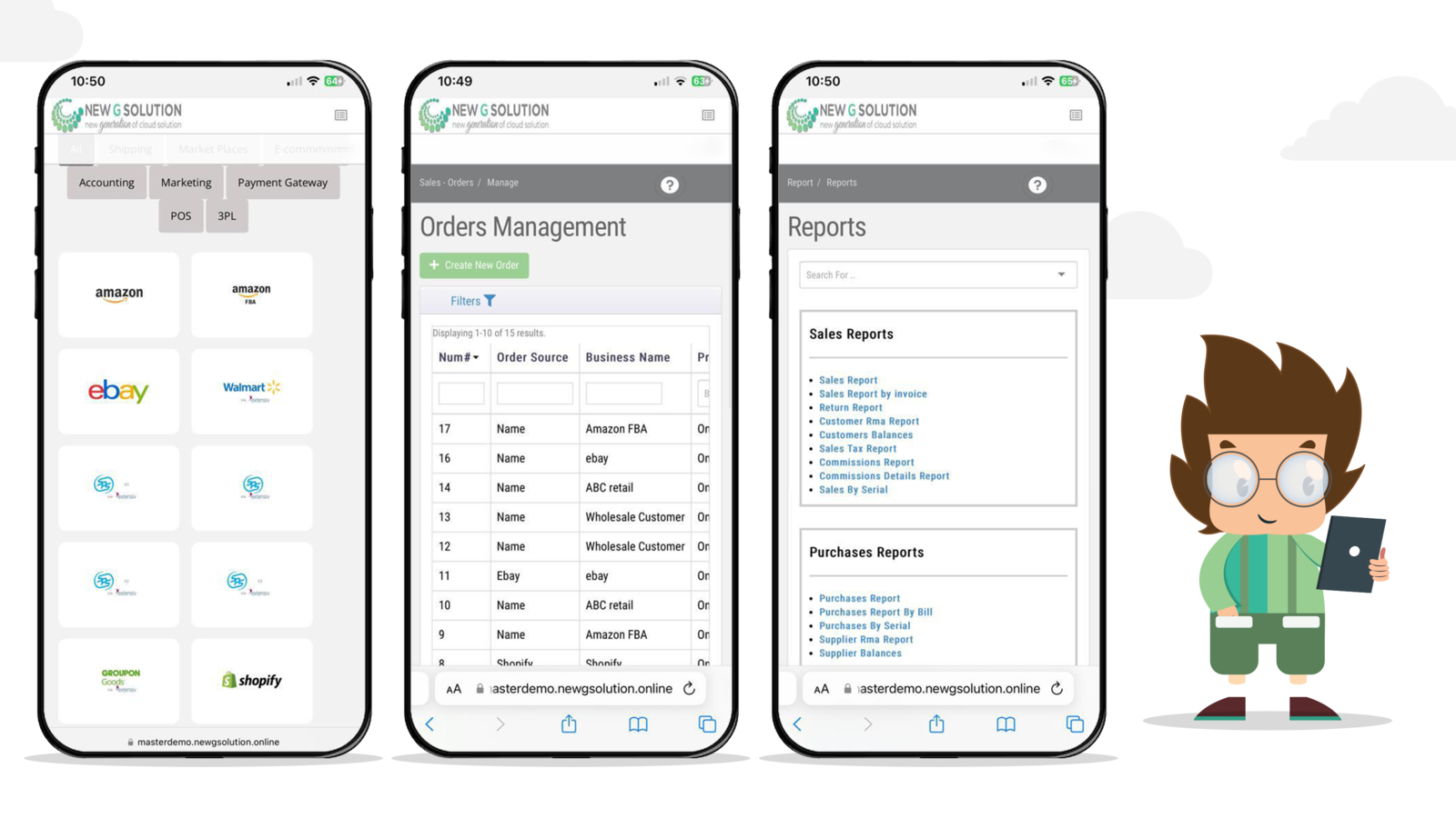 Rapporten, integraties, bestellingen van mobiel zicht