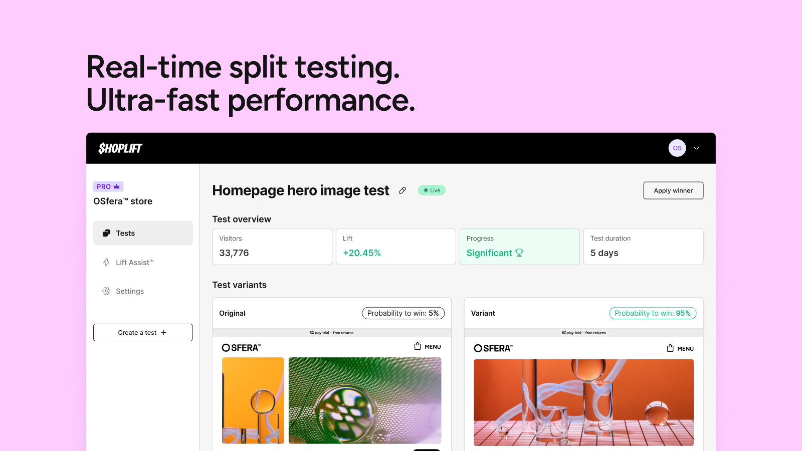 Real-time split testing. Ultra-fast performance.