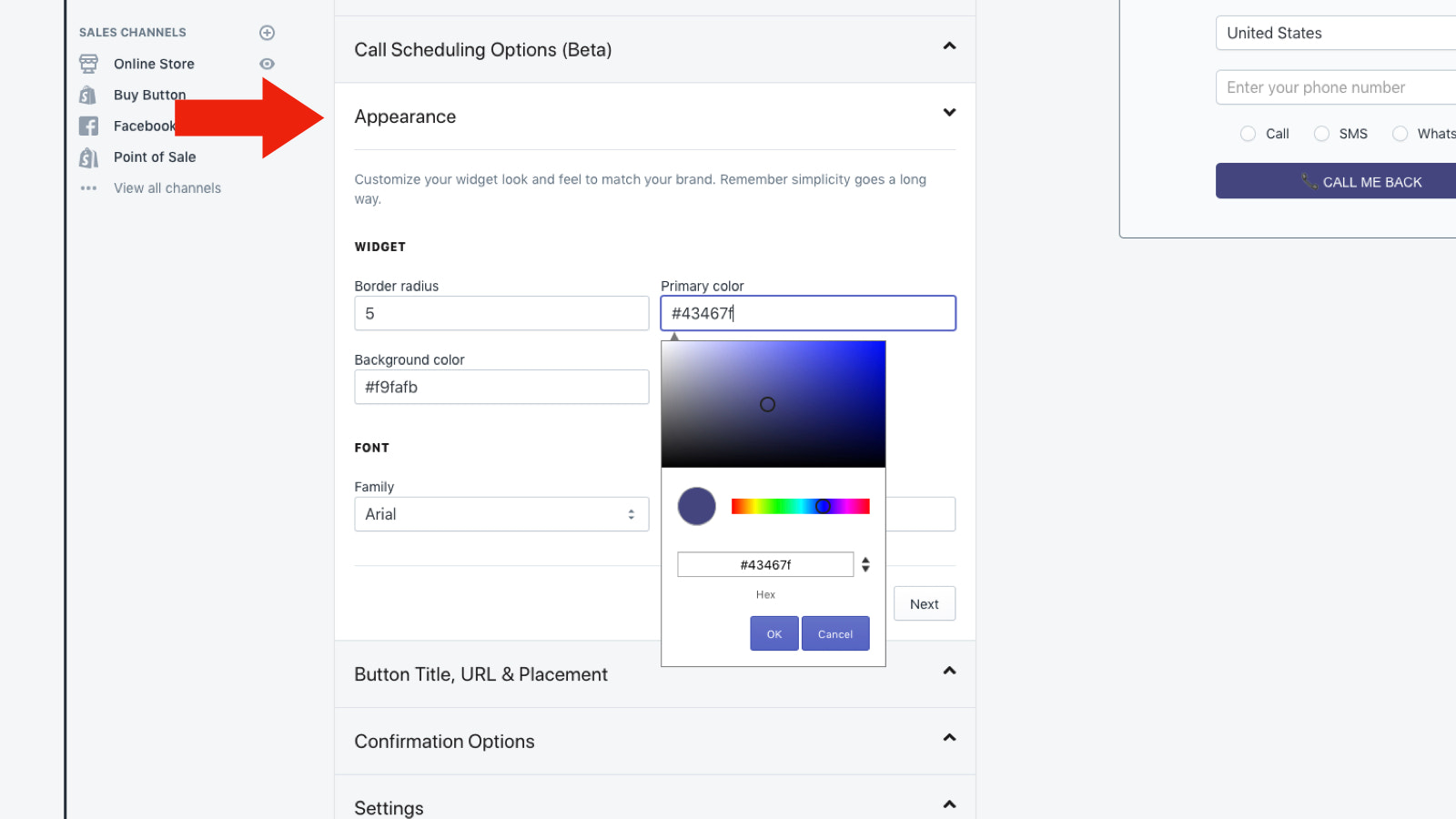 embed callback button anywhere on the shopify site