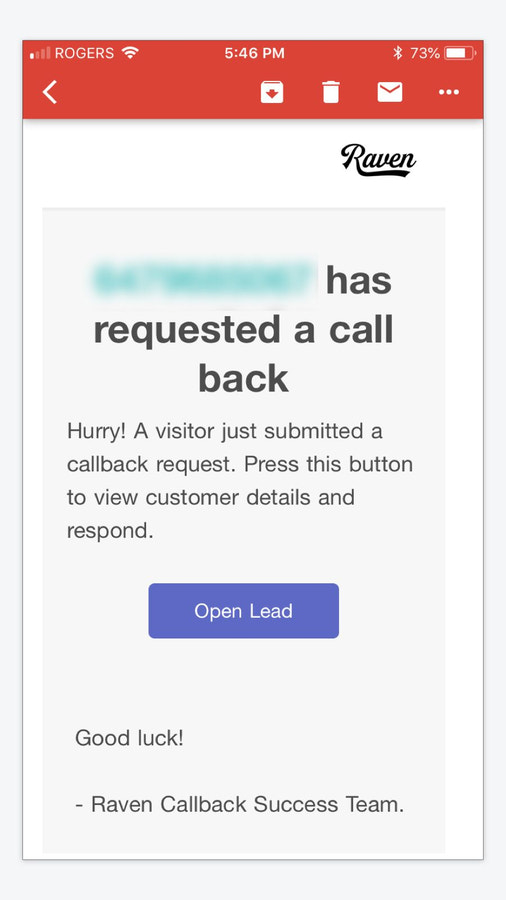 callback email alert for callback request