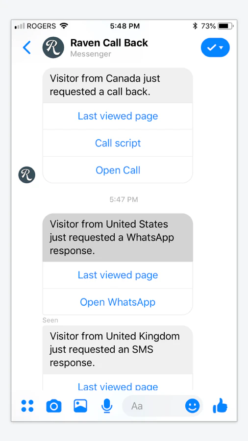 Facebook Messenger Instant Callback Alerts