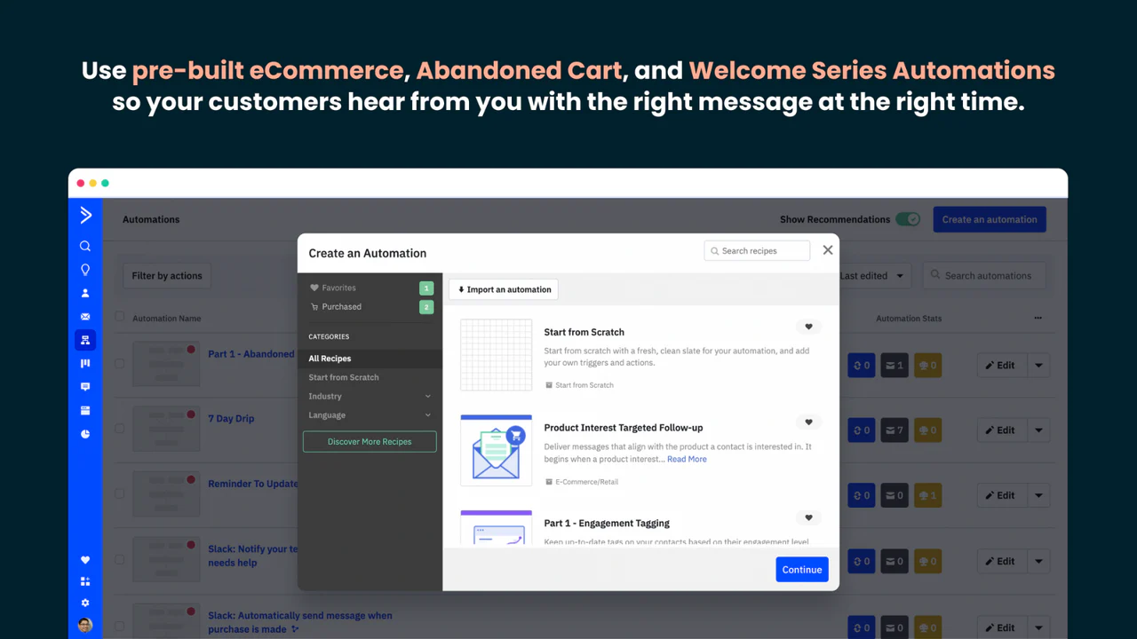 Pre-built marketing automations, like the Abandoned Cart