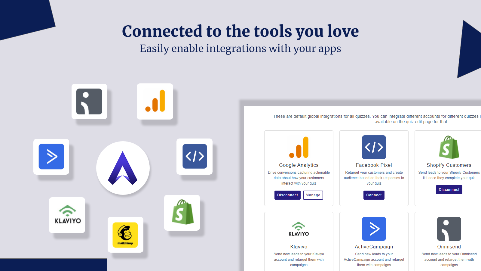 Understøtter alle tredjeparts app-integrationer med shopify quiz