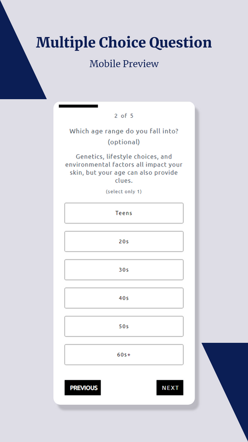 Quiz de localização de produtos responsivo para dispositivos móveis com opções de seleção múltipla