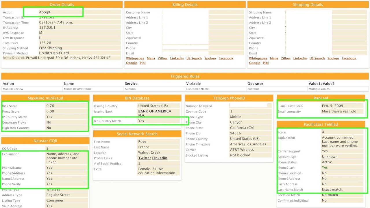 Manual review of an order with low risk indicators