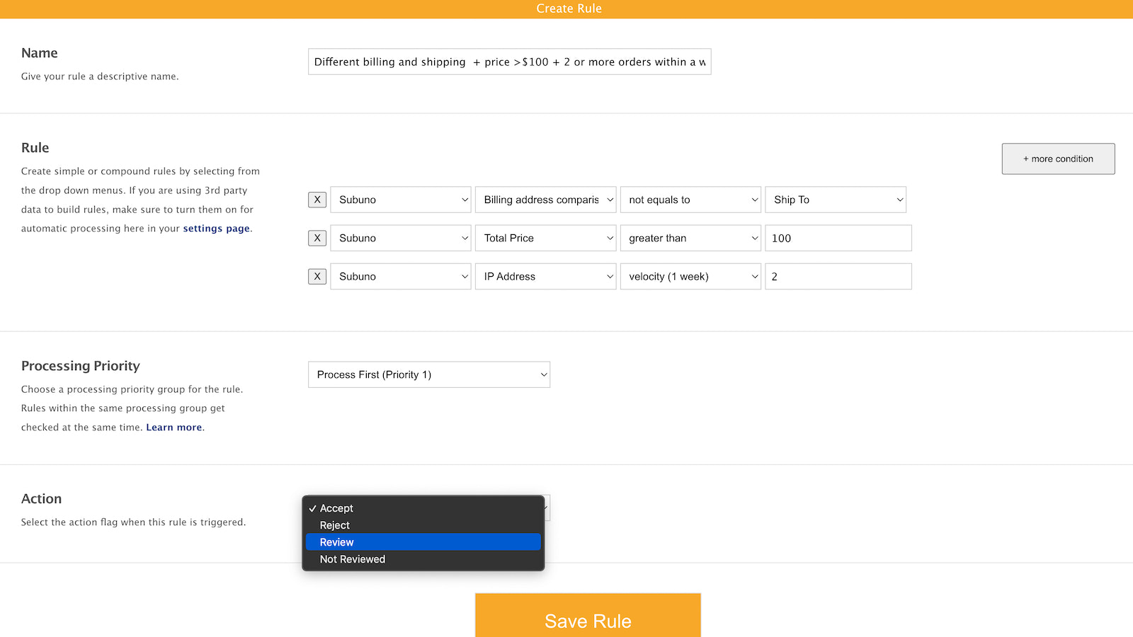 Customizable rules for order processing