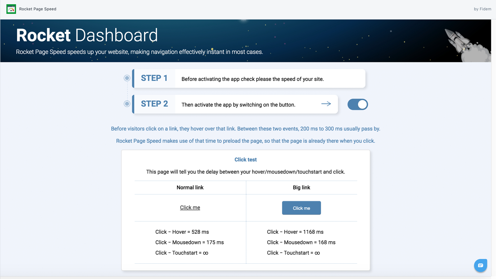 Panel de administración de Rocket Page Speed