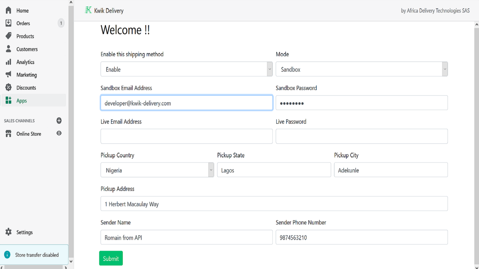 Configuración de Kwik Delivery