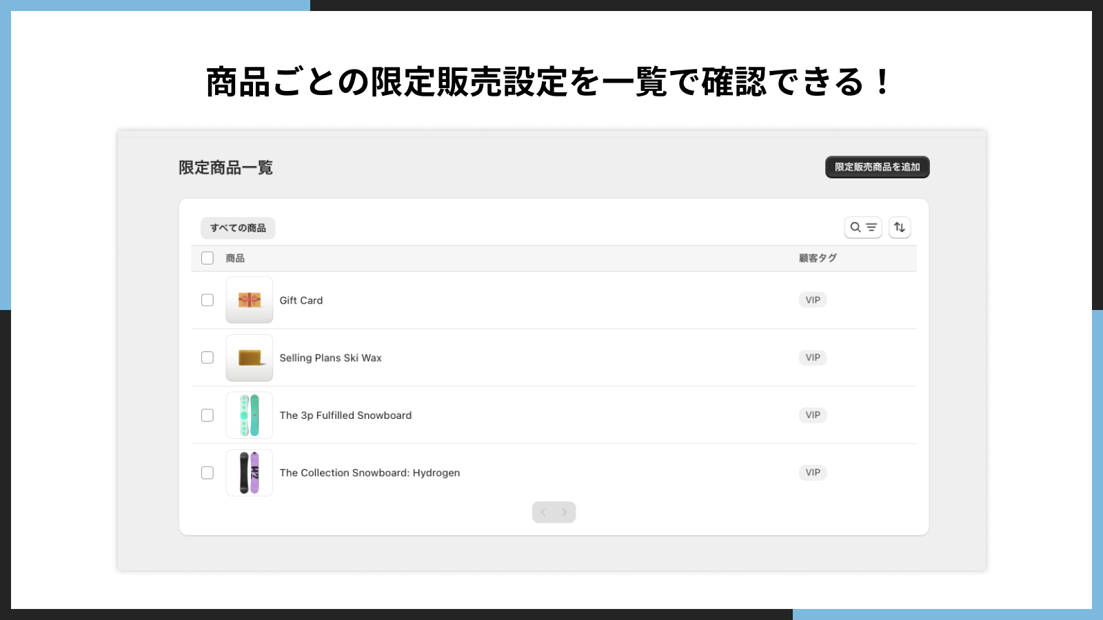 商品ごとの顧客タグごとの限定販売設定を一覧で確認できる！