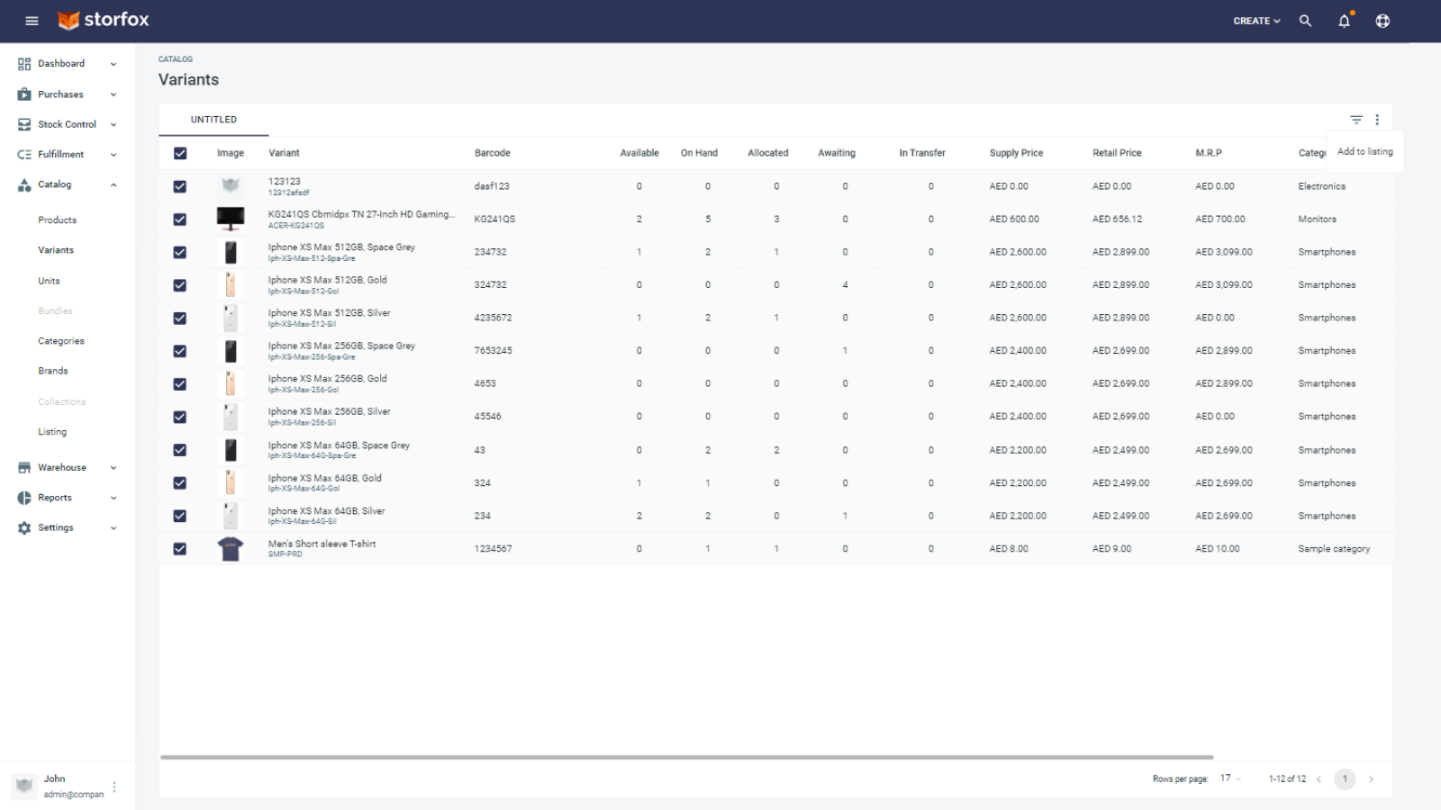 listing varianter