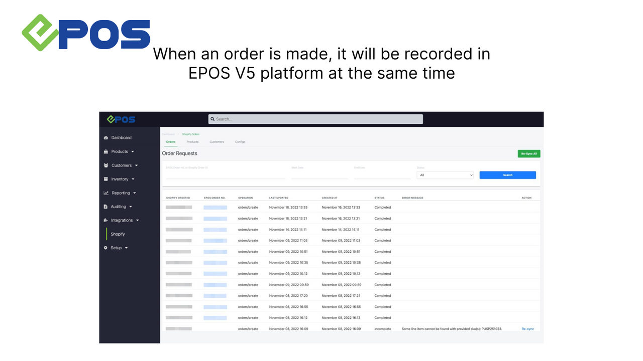 Når en ordre er lavet, vil den blive registreret i EPOS V5 platformen
