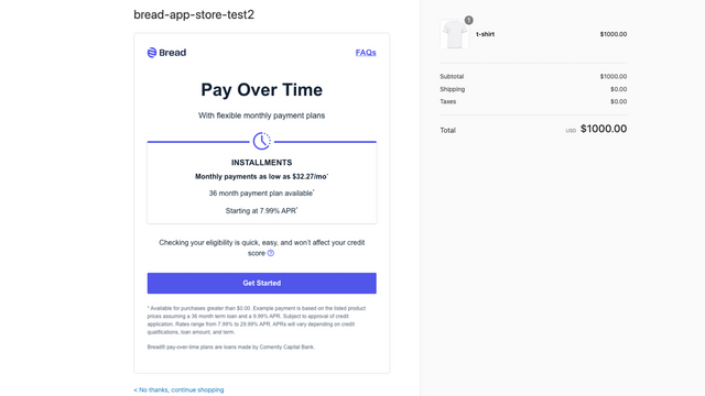 Bread modal launched on checkout payment page