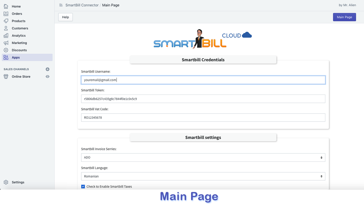 Page principale de l'application Smartbill