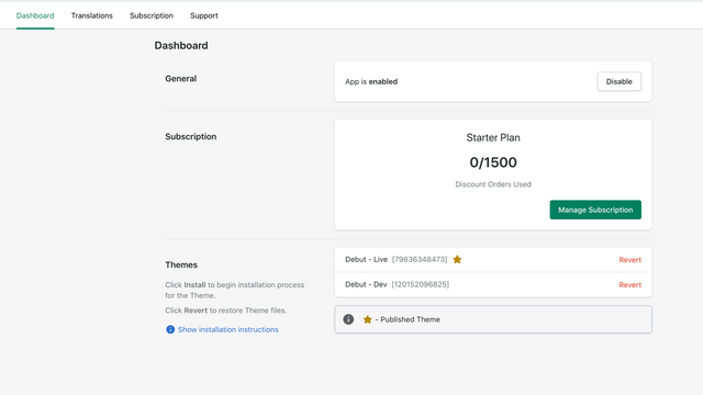 Simple dashboard for installation, subscription and enable 