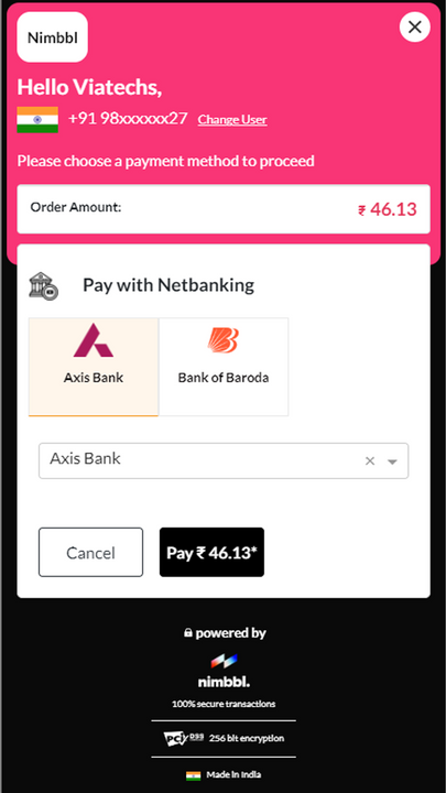 Netbanking - Teste de pagamento usando Axis Bank