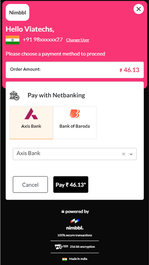 Netbanking - Teste de pagamento usando Axis Bank