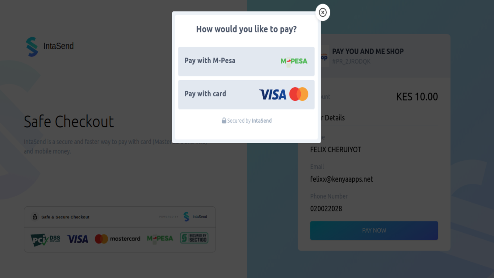 Opção de pagamento com M-Pesa