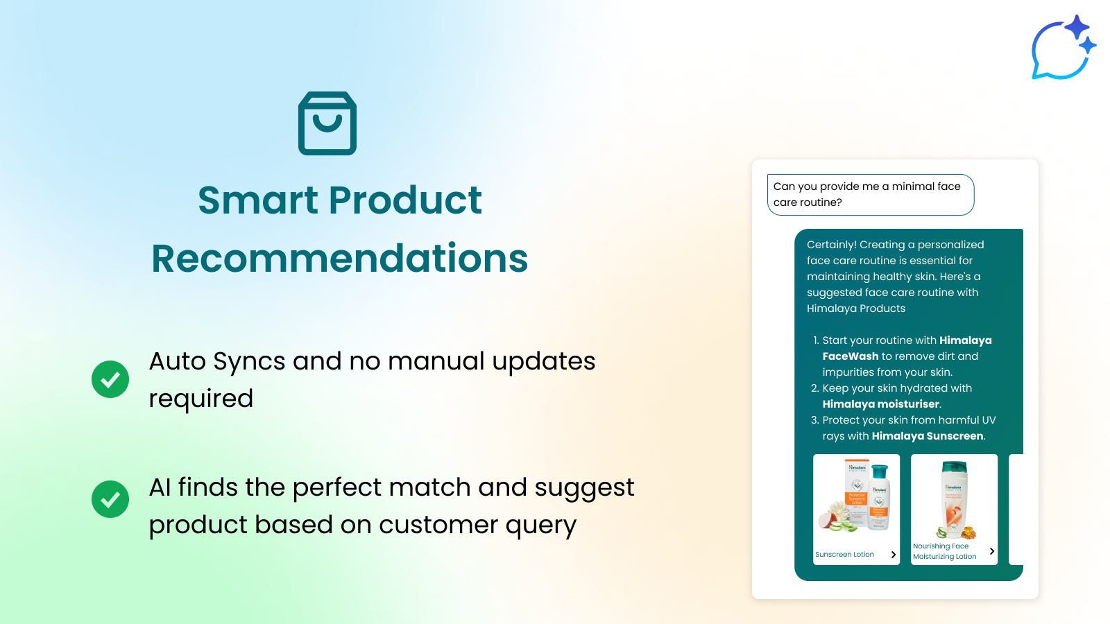 Sincroniza automaticamente seu catálogo e fornece recomendações inteligentes de produtos.